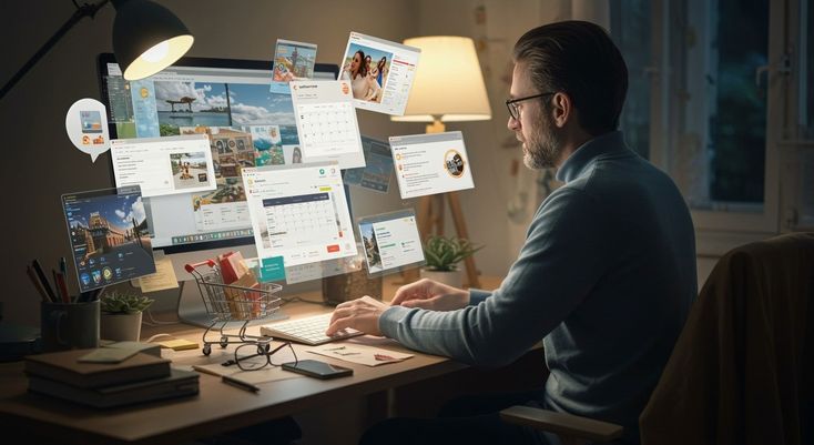 Ecommerce specialist working at a computer surrounded by online store interfaces