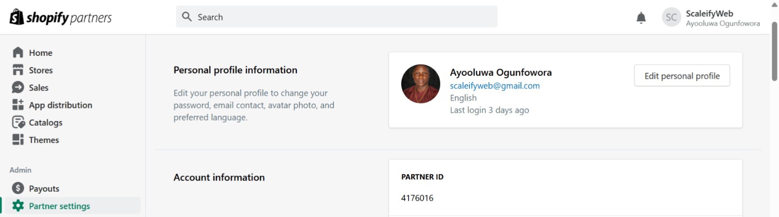 Shopify Partner profile verifying Ayooluwa Ogunfowora and ScaleifyWeb